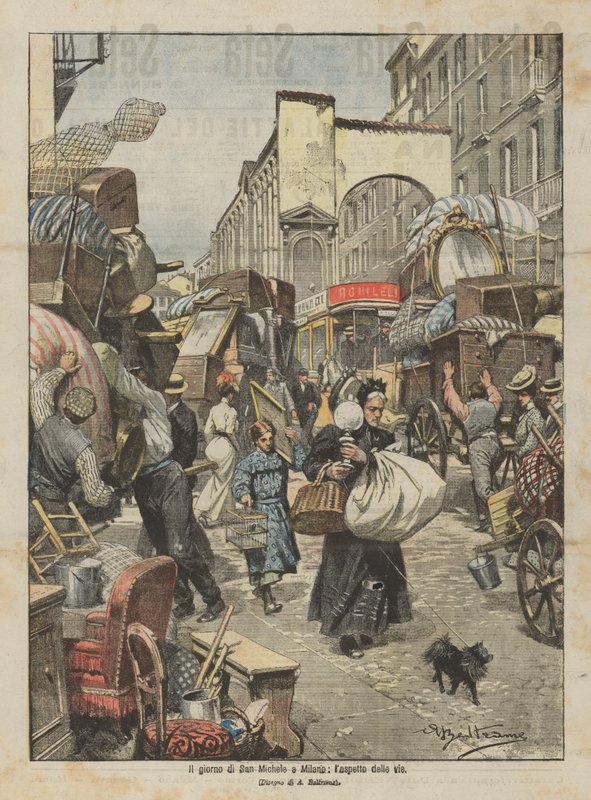 O dia de San Michele em Milão, a aparição das ruas de Achille Beltrame