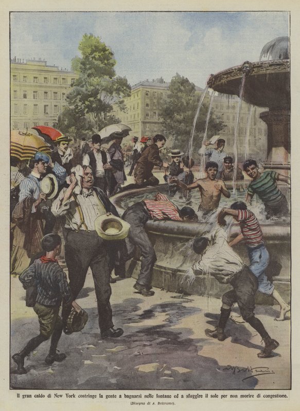 O grande calor de Nova York obriga as pessoas a se banharem nas fontes e fugirem do sol de Achille Beltrame