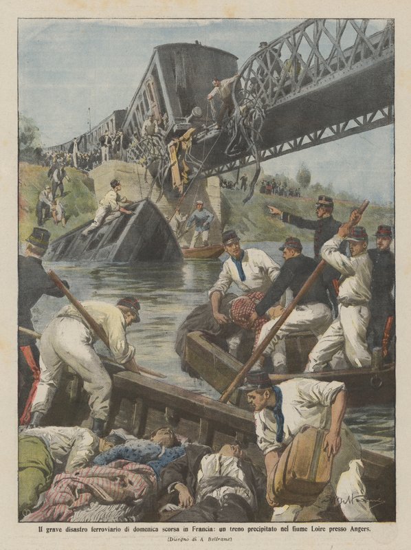 O grave desastre ferroviário no domingo passado na França, um trem caiu no rio Loire perto de Angers de Achille Beltrame
