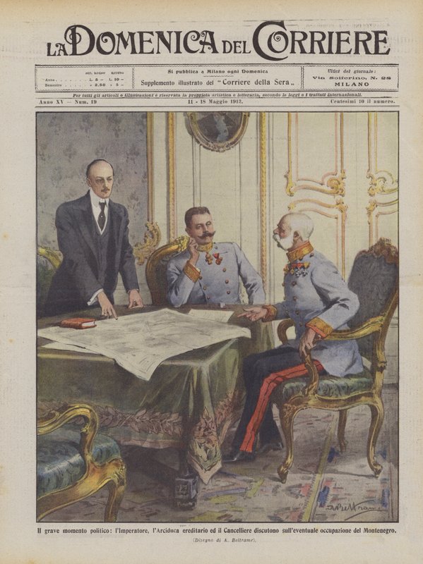 O grave momento político, o imperador, o arquiduque hereditário e o chanceler argumentam de Achille Beltrame
