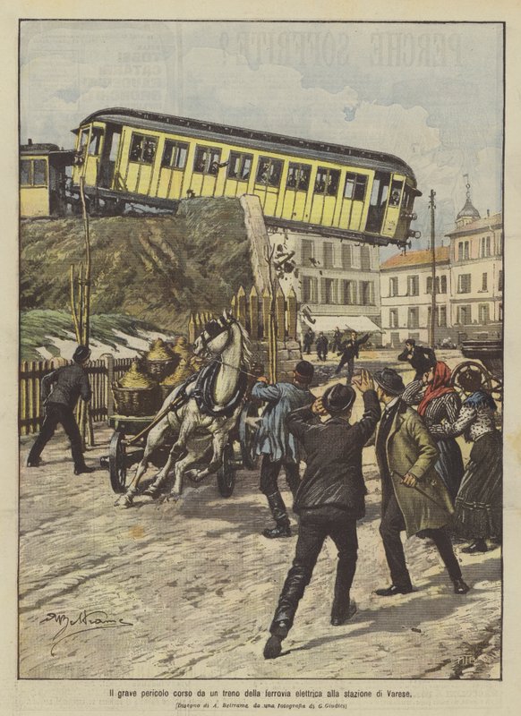 O grave perigo corre por um trem elétrico na estação de Varese de Achille Beltrame