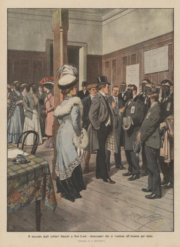 O mercado de escravos brancos em Nova Iorque, desempregados que se vendem em leilão por causa da fome (cor litho) de Achille Beltrame
