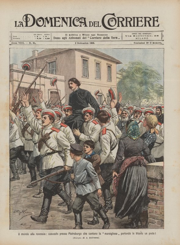 O mundo de cabeça para baixo, cossacos em Petersburgo cantando a Marselhesa carregando um padre em triunfo! de Achille Beltrame