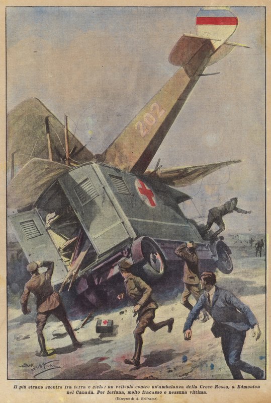 O choque mais estranho entre a terra e o céu, uma aeronave contra uma ambulância da Cruz Vermelha, em Edmonton, Canadá de Achille Beltrame