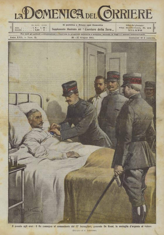 O prêmio aos heróis, o rei dá ao comandante do 12o Bersaglieri, general De Rossi de Achille Beltrame