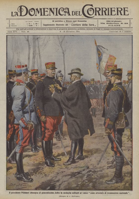 O presidente Poincaré dá ao generalíssimo Joffre a medalha militar ao valor de como de Achille Beltrame