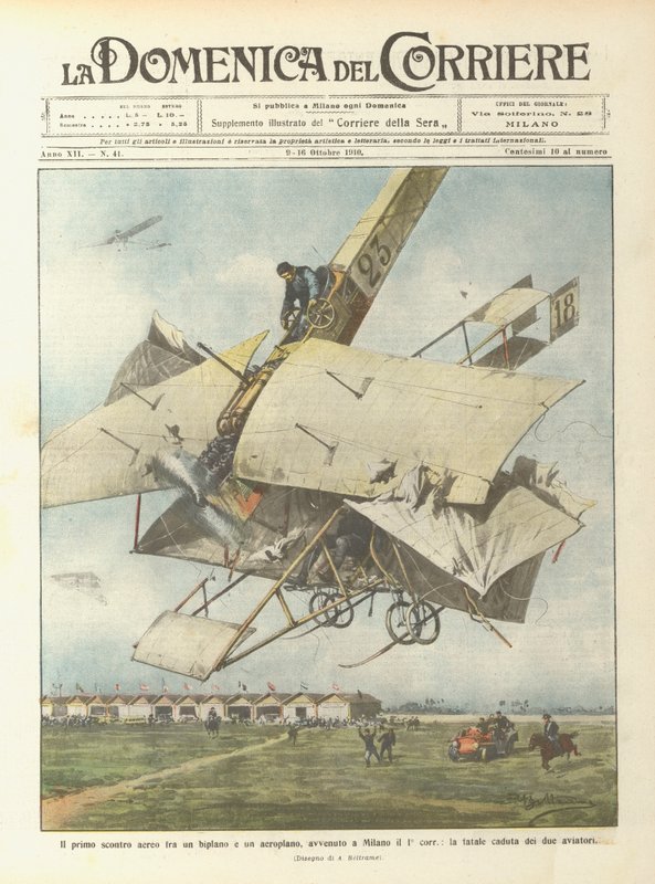 A primeira batalha aérea entre um biplano e um avião ocorreu em Milão na primeira corrida de Achille Beltrame