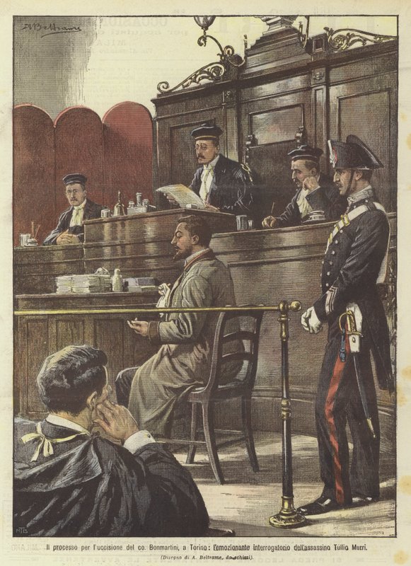 O processo pelo assassinato do co, Bonmartini, em Turim, o interrogatório lamentando do assassino Tullio Murri de Achille Beltrame