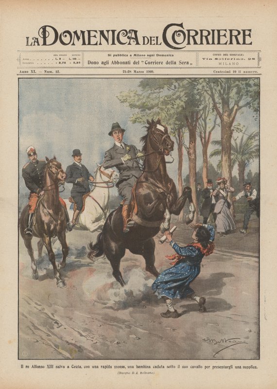 Rei Alfonso XIII salva Ceuta, com um movimento rápido, uma garotinha caída debaixo do cavalo dele de Achille Beltrame