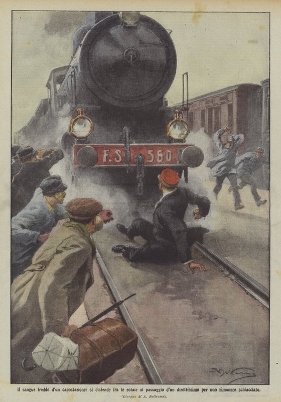 O sangue frio de um chefe de estação, relaxa entre os trilhos da passagem direto para o dun de Achille Beltrame