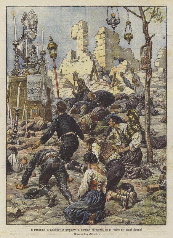 O terremoto na Calábria, as orações em comum, ao ar livre sobre as ruínas dos países destruídos de Achille Beltrame