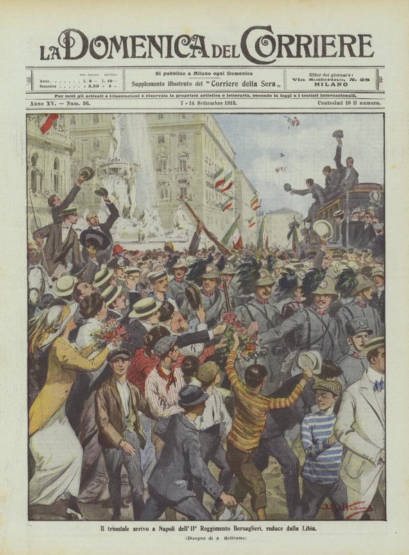 A chegada triunfal em Nápoles do 11º Regimento Bersaglieri, da Líbia de Achille Beltrame