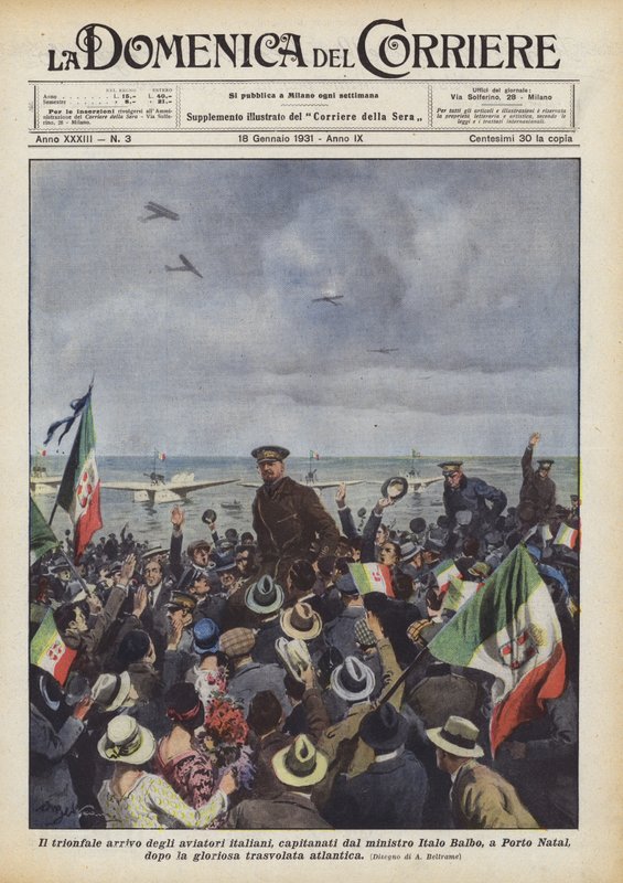 A chegada triunfante dos aviadores italianos, liderados pelo ministro Ítalo Balbo, no Porto Natal de Achille Beltrame