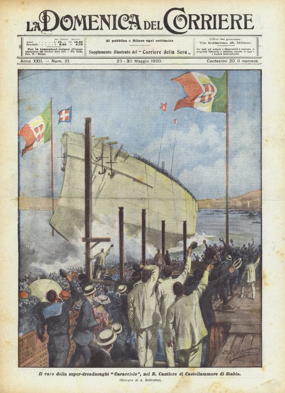 O lançamento do super-dreadnought Caracciolo, no R Cantiere di Castellammare di Stabia de Achille Beltrame
