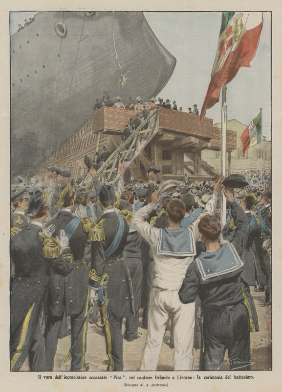 O lançamento do cruzador blindado Pisa, no estaleiro de Orlando em Livorno, a cerimônia de batismo de Achille Beltrame