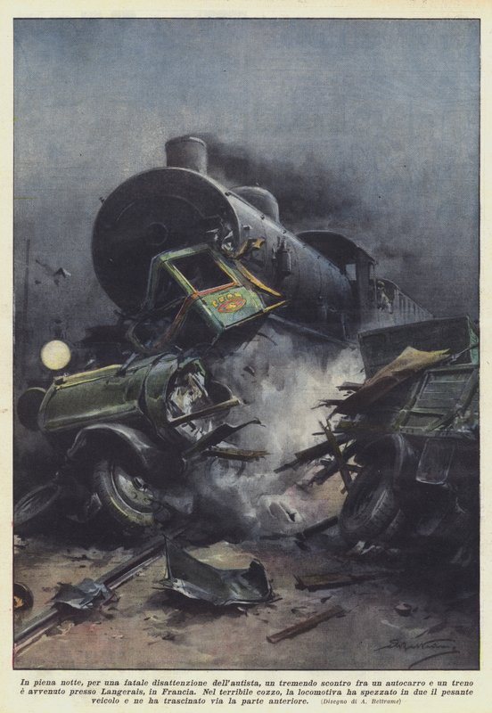 No meio da noite, devido a um descuido fatal do motorista, um tremendo choque entre um caminhão de Achille Beltrame