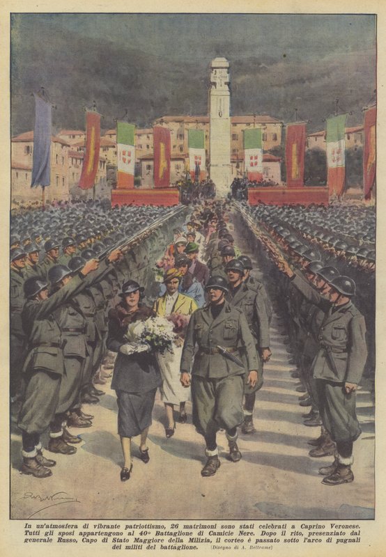 Em uma atmosfera de patriotismo vibrante, 26 casamentos foram celebrados em Caprino Veronese de Achille Beltrame