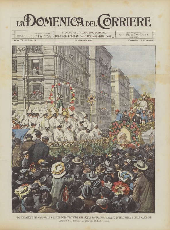 Inauguração do Carnovale em Nápoles depois de vinte anos que não foi feito mais, a chegada de Pulcinella e das máscaras de Achille Beltrame
