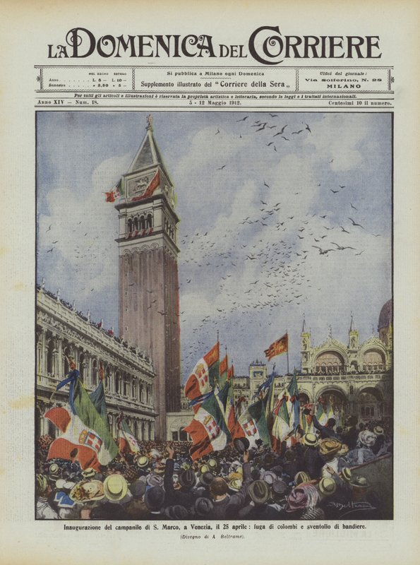 Inauguração da torre do sino de S Marco, em Veneza, em 25 de abril, vôo de pombas e agitando bandeiras de Achille Beltrame