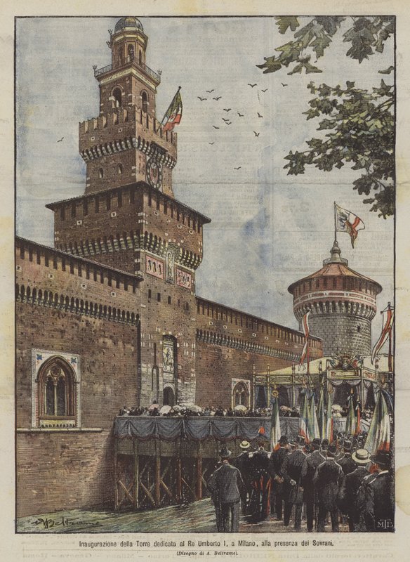 Inauguração da Torre dedicada ao rei Umberto I, em Milão, na presença dos soberanos de Achille Beltrame