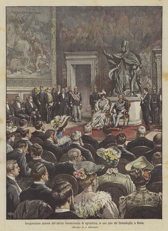 Inauguração solene do Instituto Internacional de Agricultura, em um salão do Campidoglio, em Roma de Achille Beltrame