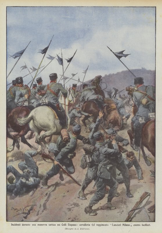 Incidentes durante uma manobra tática nas Colinas Euganeas, cavalaria do regimento Milan Lancieri contra fuzileiros de Achille Beltrame