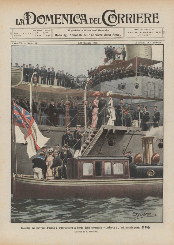 Encontro dos soberanos da Itália e da Inglaterra a bordo do encouraçado Umberto I no pequeno porto de Baja de Achille Beltrame