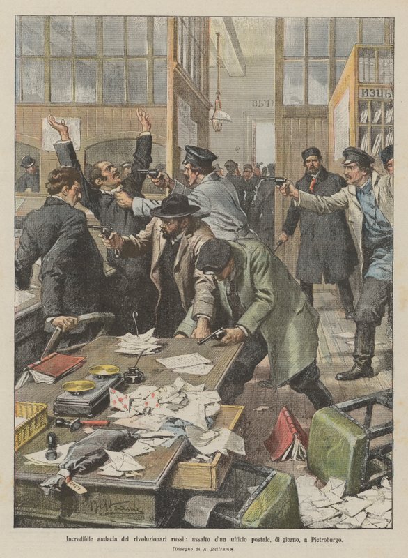 Incrível audácia dos revolucionários russos, assalto de uma agência postal, de dia, em Petersburg de Achille Beltrame