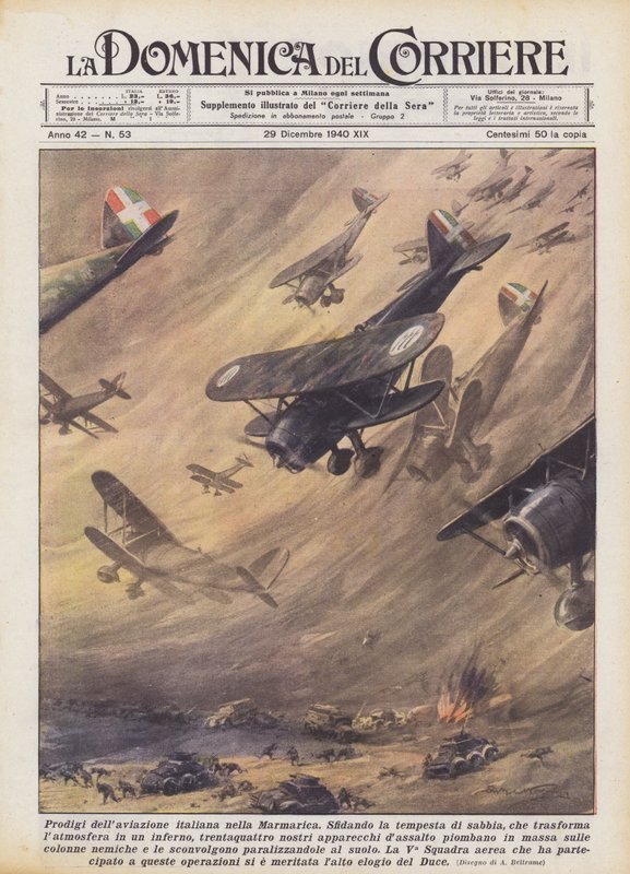Prodígios da aviação italiana em Marmarica (litografia a cores) de Achille Beltrame