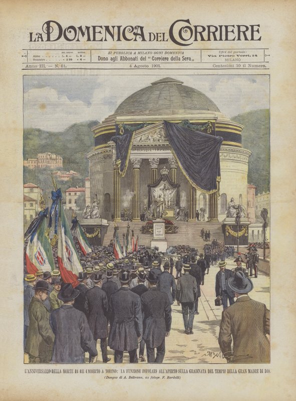O aniversário da morte do rei Umberto em Turim, a função popular ao ar livre nos degraus de Achille Beltrame