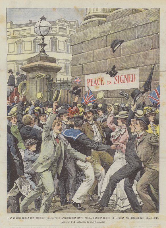 Anúncio do fim da paz anglo-boer dado na mansão de Londres na tarde do primeiro Corr de Achille Beltrame
