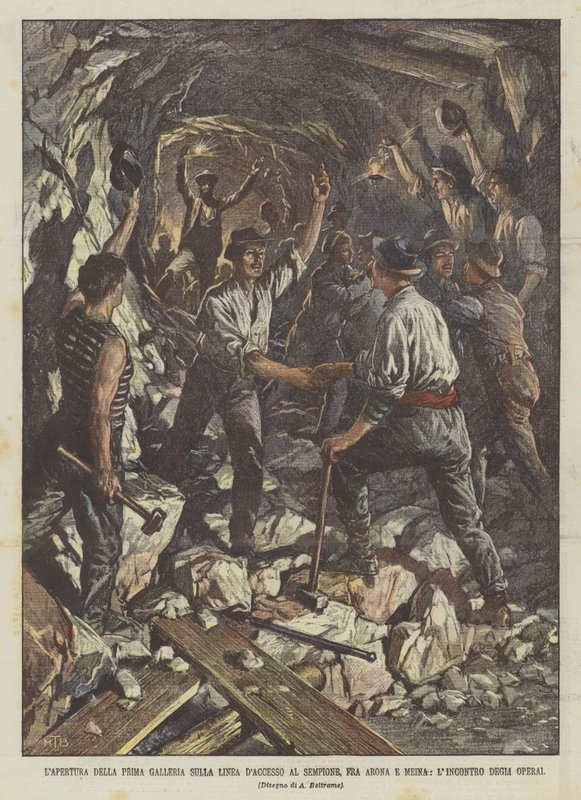 A abertura da primeira galeria na rota para o Sempione, entre Arona e Meina, a reunião dos trabalhadores de Achille Beltrame