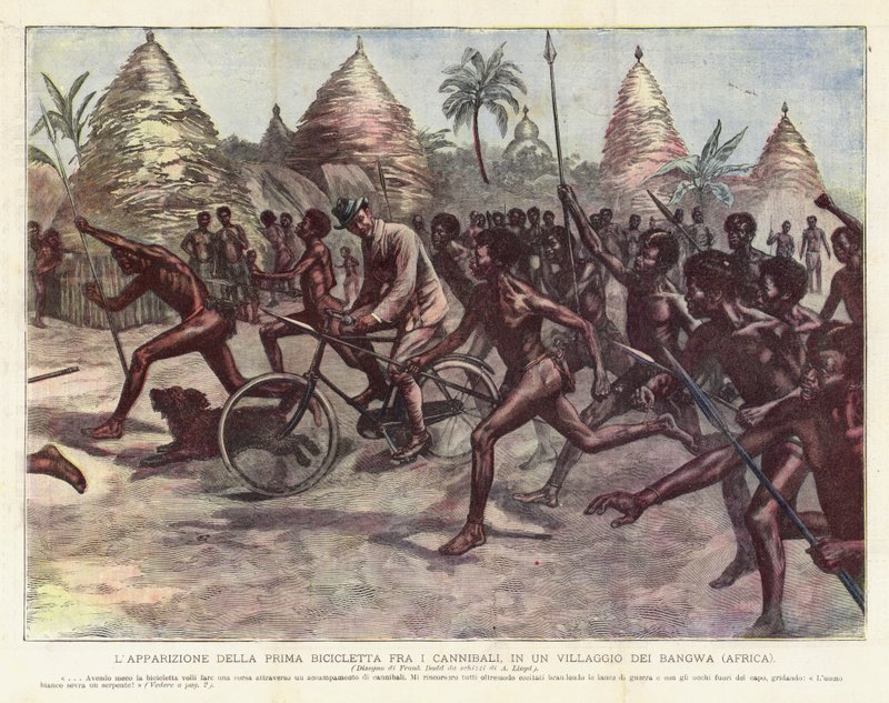 A aparição da primeira bicicleta entre canibais, em uma aldeia de Bangwa (África) de Achille Beltrame