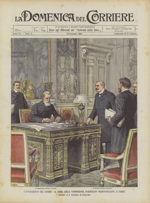 O evento do dia, a assinatura da convenção de arbitragem franco-italiana, em Paris de Achille Beltrame