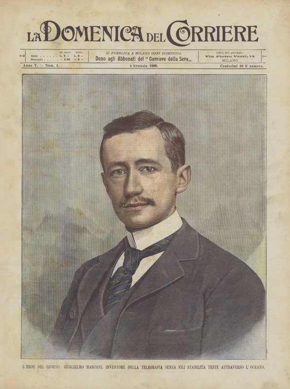 LEROE DEL Giorno, Guglielmo Marconi, inventor da telegrafia sem fio estabeleceu chefes através LOceano de Achille Beltrame