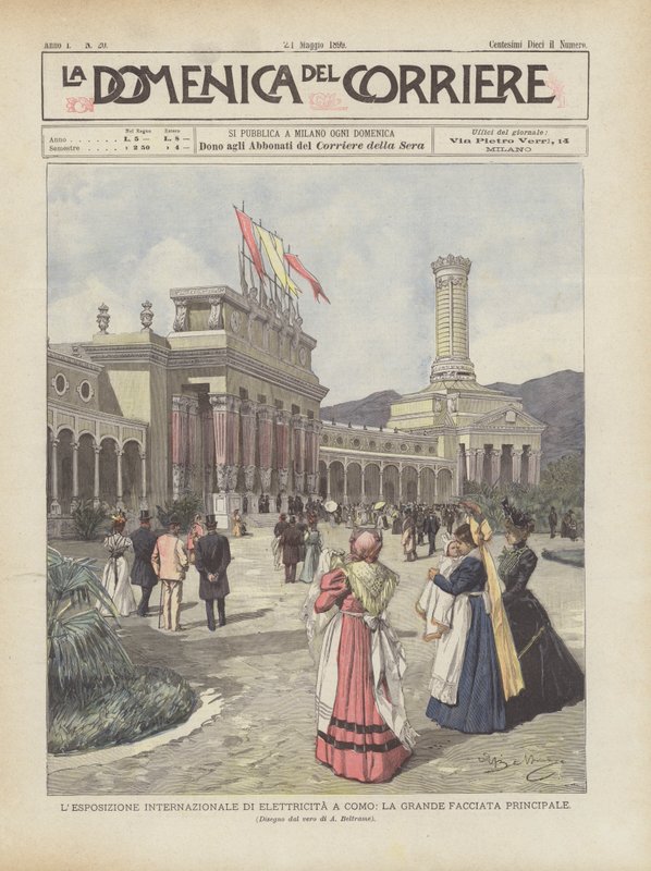 A exposição internacional da eletricidade em Como, a grande fachada principal de Achille Beltrame