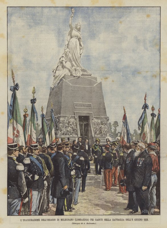 A inauguração do Dell&39;Ossario di Melegnano (Lombardia) para os mortos na batalha de 8 de junho de 1859 de Achille Beltrame