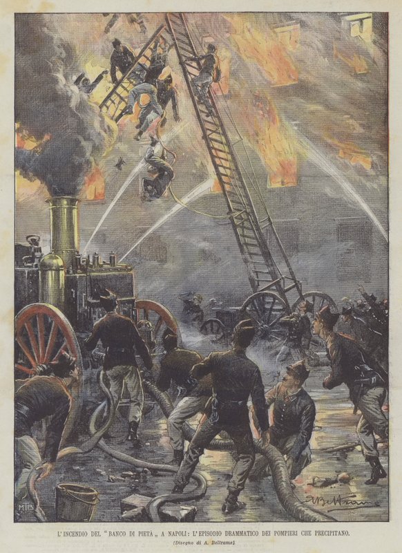 O incêndio do banco Pieta em Nápoles, Episódio Dramático de Bombeiros Apressando-se de Achille Beltrame