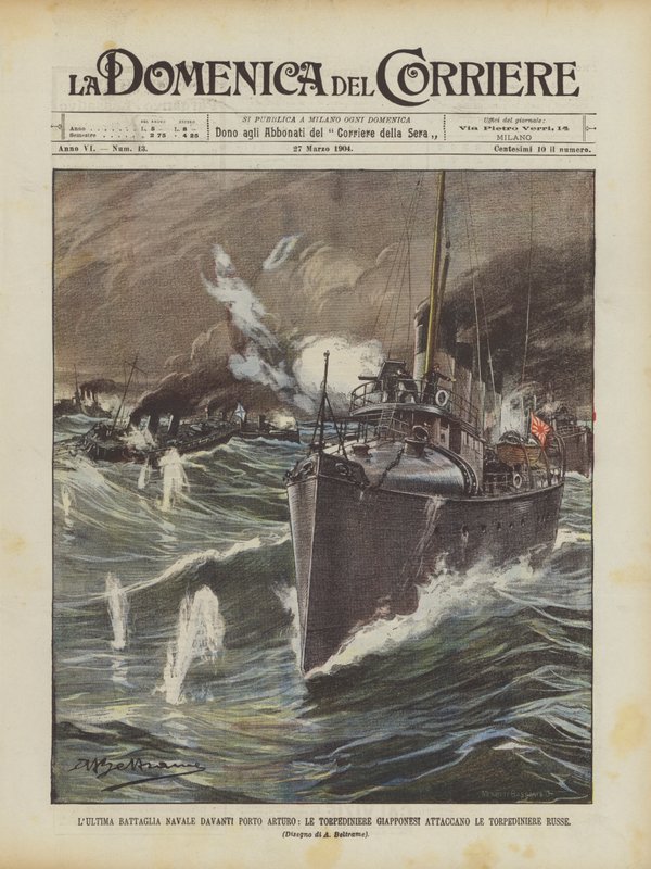 A última batalha naval na frente de Arturo, torpedos japoneses atacam barcos de torpedos russos de Achille Beltrame