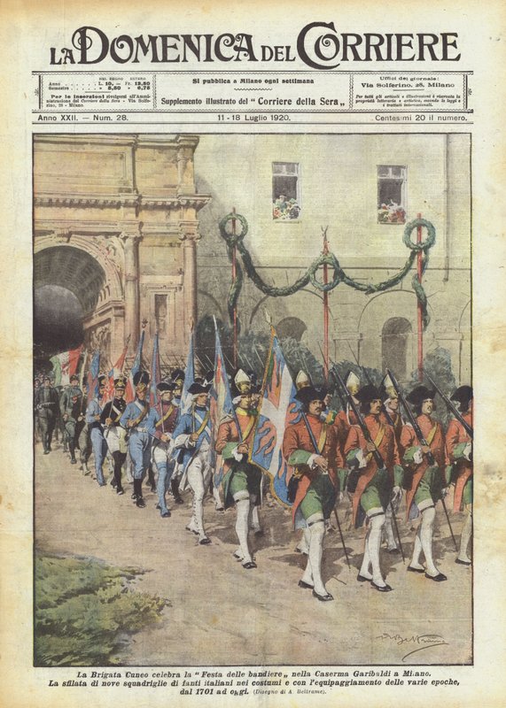 A Brigada Cuneo celebra o festival de bandeiras no quartel Garibaldi em Milão de Achille Beltrame