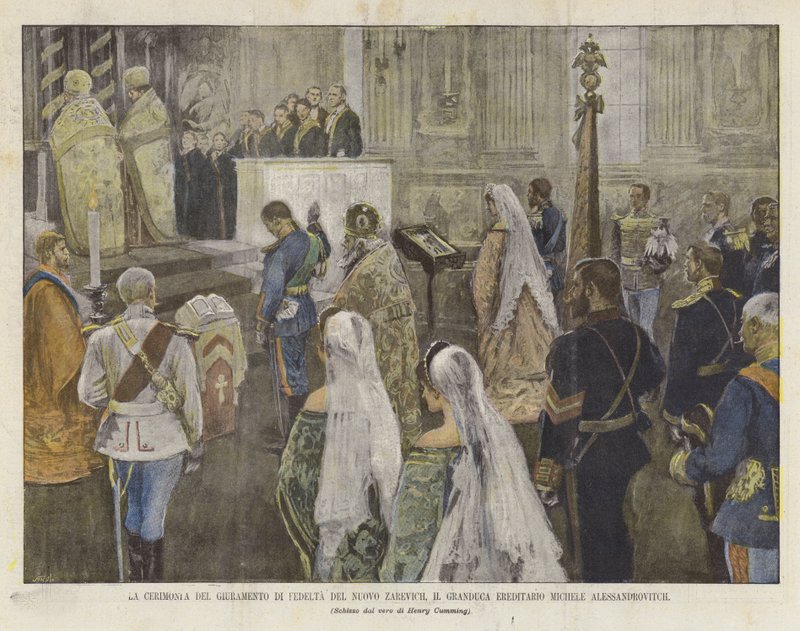 Cerimônia do juramento de Fedelta do Novo Zarevich, o grão-duque hereditário Michele Alessandrovitch de Achille Beltrame