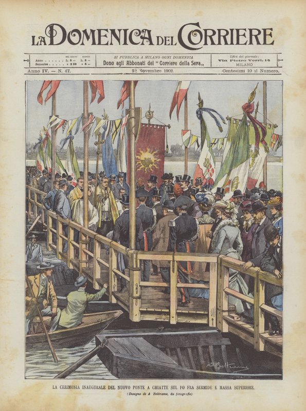 A cerimônia de abertura da nova ponte em barcaças no Po entre Sermide e Massa Superiore de Achille Beltrame