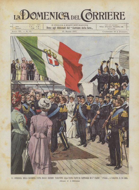 Entrega da bandeira feita pelas senhoras do Tarantine ao navio de batalha novo da 5a classe de Achille Beltrame