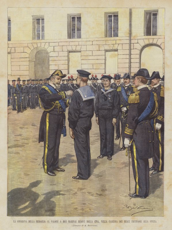 A entrega de uma medalha para dois marinheiros da China no quartel do homem real em La Spezia de Achille Beltrame