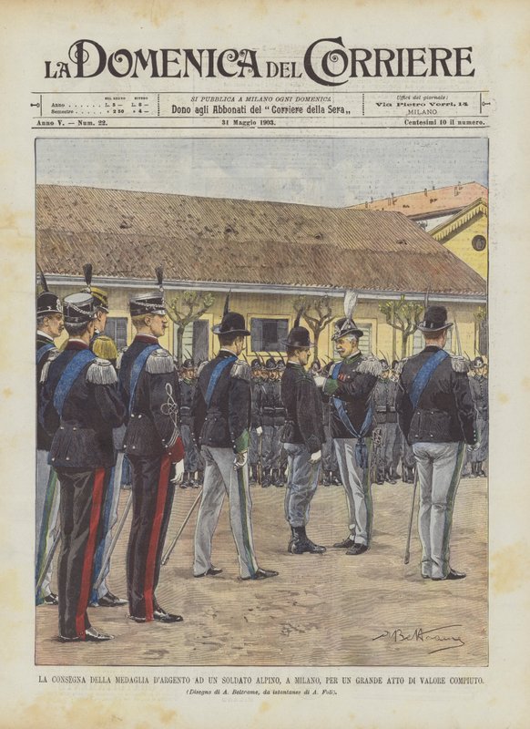 A entrega de uma medalha de prata a um soldado alpino, em Milão, por um grande detalhe de Achille Beltrame