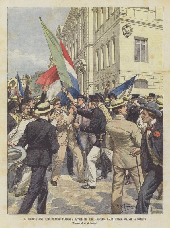 A manifestação de estudantes parisienses em favor dos bôeres, dispersos pela polícia em frente à Sorbonne de Achille Beltrame
