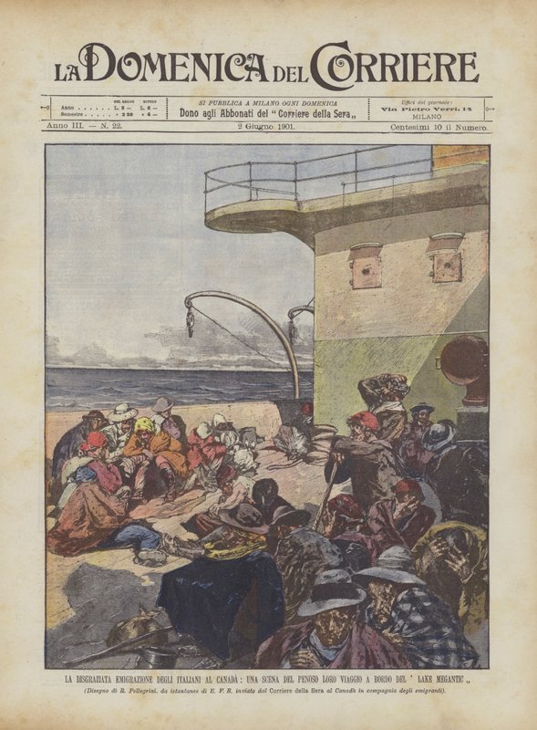 A emigração em desgraça dos italianos para o Canadá, uma cena do Penoso Sua jornada a bordo do lago Megantic de Achille Beltrame