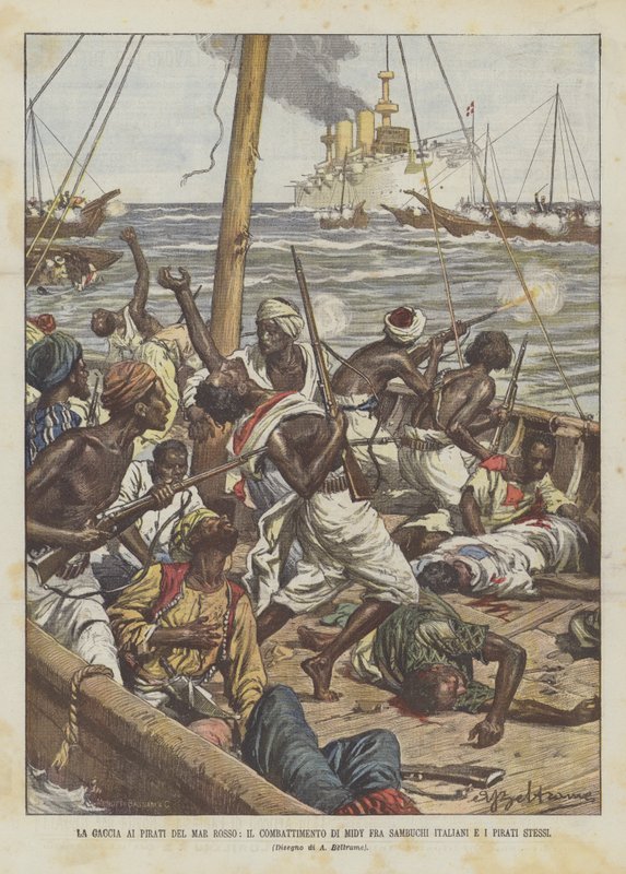 O Gace Para Os Piratas Do Mar Vermelho, A Luta De Midy Entre O Sambuco Italiano E Os Piratas de Achille Beltrame