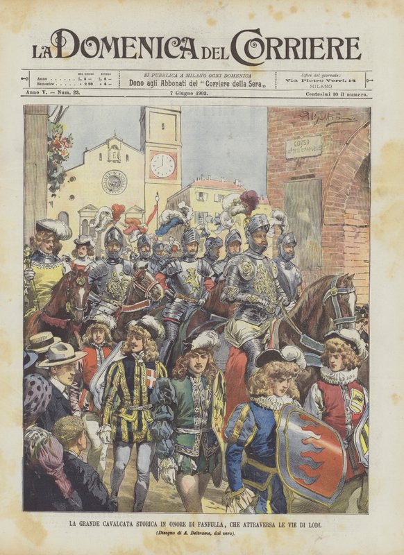 A grande cavalgada histórica em homenagem a Fanfulla, que atravessa as ruas de Lodi de Achille Beltrame