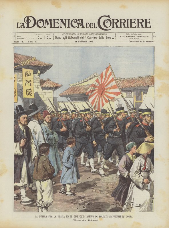 A guerra entre a Rússia e o Japão, chegada dos soldados japoneses na Coréia de Achille Beltrame